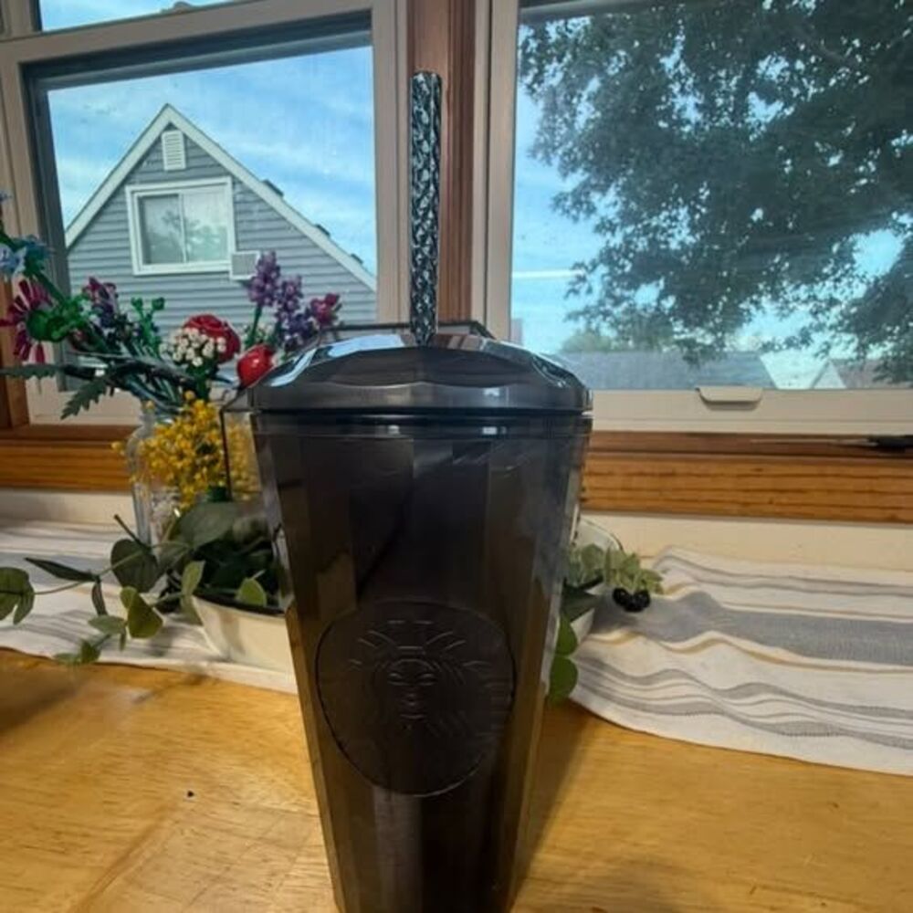 Brand New Starbucks 16oz Black Tumbler with Lid and Straw
